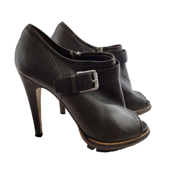 Belstaff Heels Womens 38 8 Shaftesbury Brown Leather Peep Toe 4.5" Heel Shootie - Picture 1 of 12